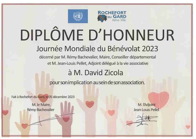 diplome journée mondiale du benevolat_Rochefort du Gard_zicola David_2023