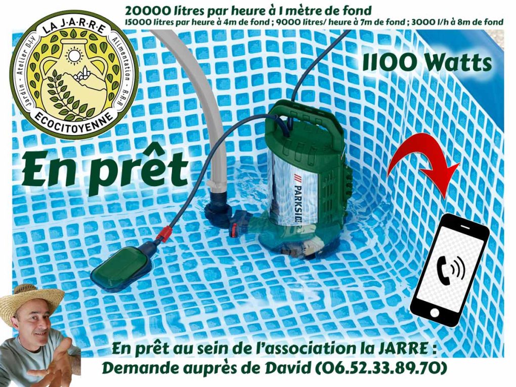Pompe-1100 watts pratique pour vider les piscines (en prêt au seine de l'association la JARRE