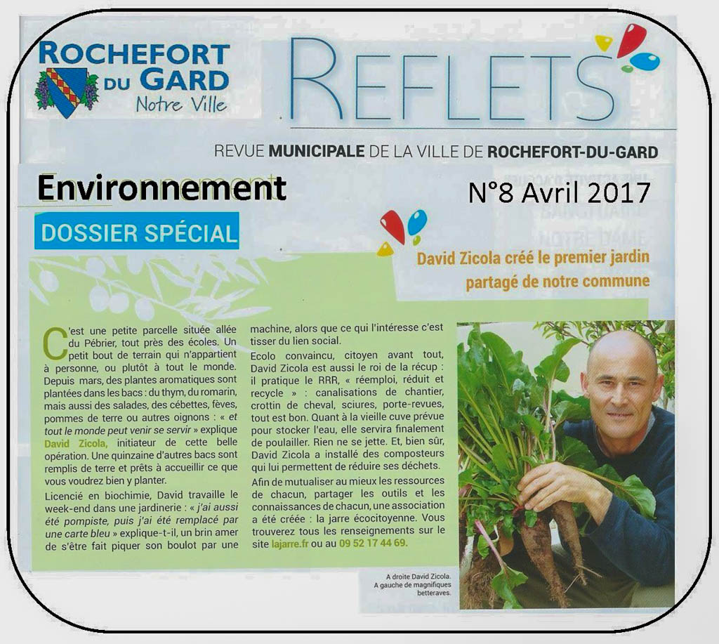 Article du Jardin de quartier et de l’association la JARRE Écocitoyenne dans la revue municipale de Rochefort du Gard