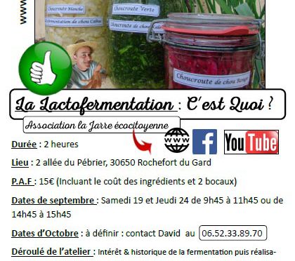 Atelier LACTOFERMENTATION de septembre et Octobre 2020 (Atelier culinaire)