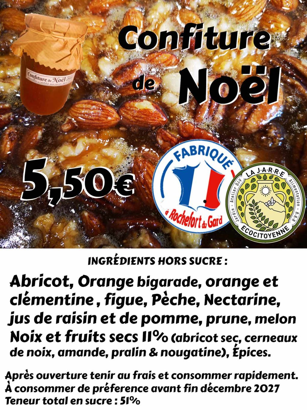 Ingrédients de la confiture de Noël 2025 de l'association La JARRE Écocitoyenne !