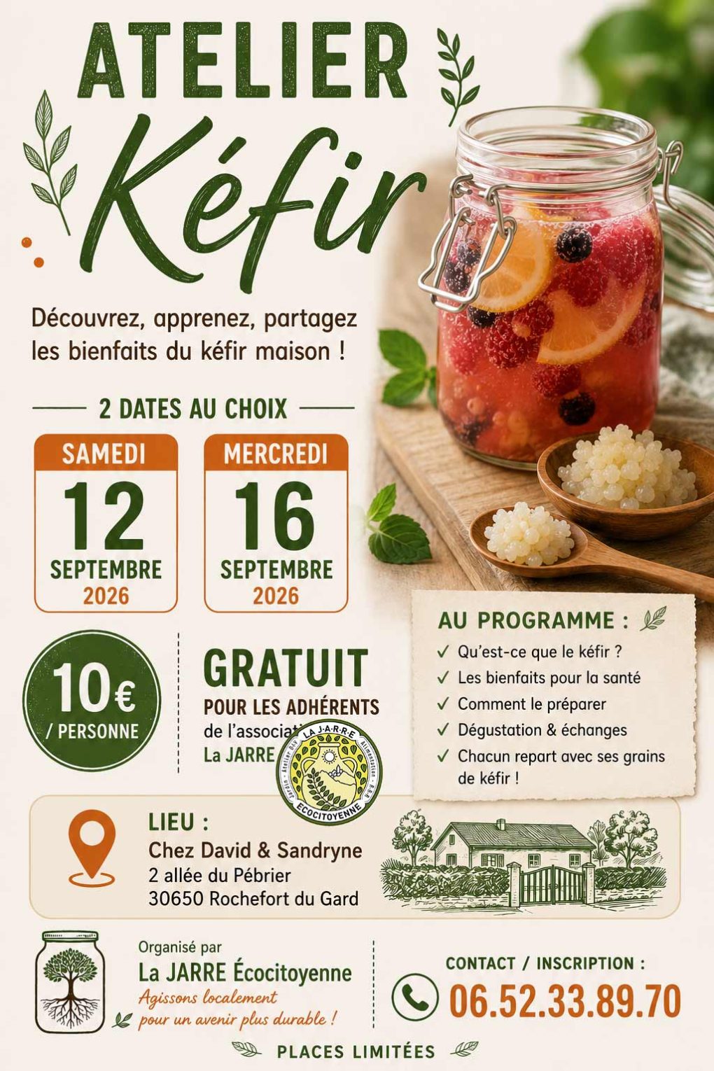 Atelier KÉFIR samedi 12 septembre 2026 et Mercredi 16 Septembre 2026 - Association La JARRE de Rochefort du Gard